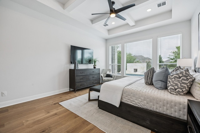 307 Misty Ln, Argyle, TX 76226 - bedroom with wood finished floors, coffered ceiling, beamed ceiling, recessed lighting, and ceiling fan