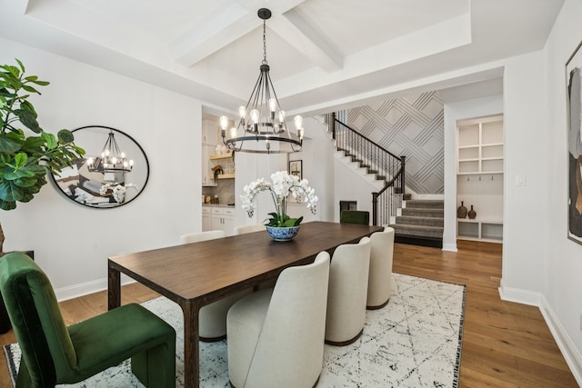 307 Misty Ln, Argyle, TX 76226 - dining room featuring a chandelier, stairs, wood finished floors, and beam ceiling