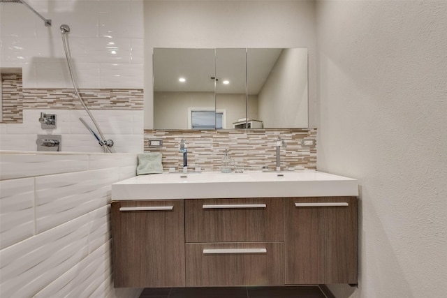 640 Silverstone Dr, Richardson, TX 75080 - full bath with tasteful backsplash, double vanity, and tiled shower