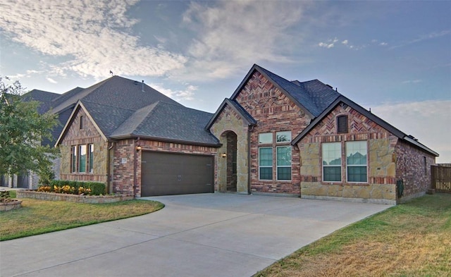 219 Spruce Valley Dr, Justin, TX 76247 - view of front of house featuring concrete driveway, a garage, a shingled roof, brick siding, and stone siding