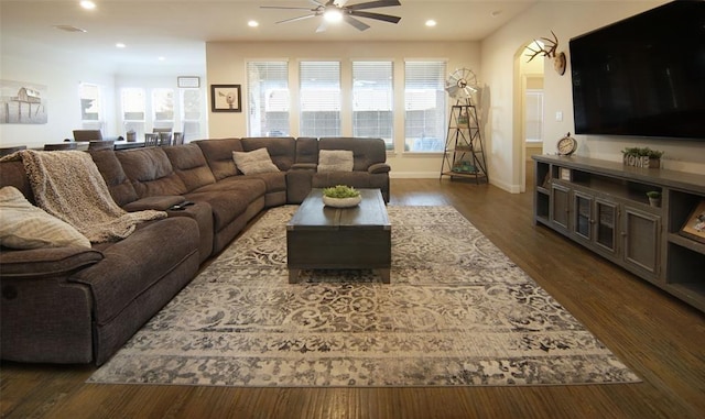 219 Spruce Valley Dr, Justin, TX 76247 - living area with a ceiling fan, recessed lighting, and dark wood-type flooring