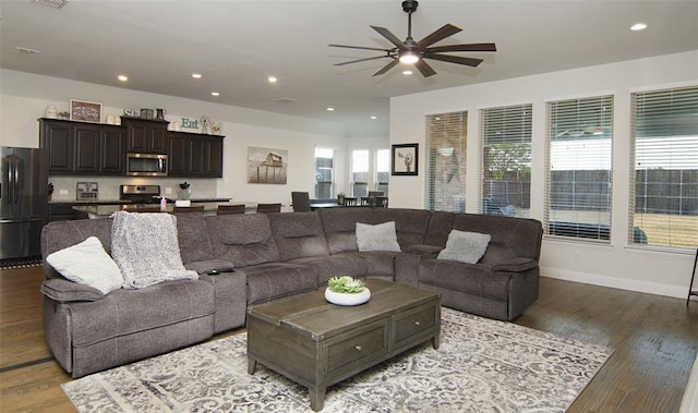 219 Spruce Valley Dr, Justin, TX 76247 - living room with a ceiling fan, wood finished floors, and recessed lighting