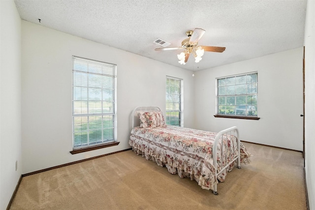 7220 Tucker Dr, Weatherford, TX 76085 - bedroom with multiple windows, carpet floors, ceiling fan, and a textured ceiling