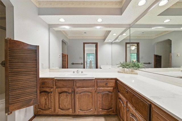 7220 Tucker Dr, Weatherford, TX 76085 - bathroom with recessed lighting, vanity, and tile patterned floors