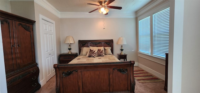 108 S Bonham St, Mexia, TX 76667 - bedroom with carpet floors, crown molding, multiple windows, and a ceiling fan