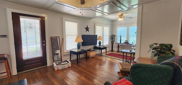 108 S Bonham St, Mexia, TX 76667 - home office featuring a ceiling fan, hardwood / wood-style flooring, and coffered ceiling