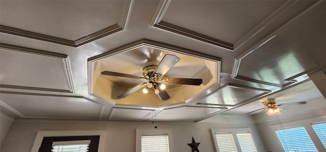108 S Bonham St, Mexia, TX 76667 - detailed view of a ceiling fan, crown molding, and coffered ceiling