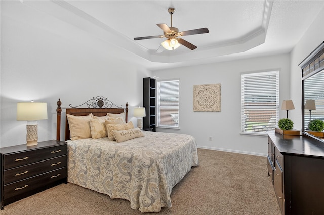 14800 Star Creek Dr, Aledo, TX 76008 - bedroom featuring a tray ceiling, light carpet, and a ceiling fan