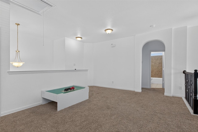 14800 Star Creek Dr, Aledo, TX 76008 - recreation room with arched walkways, carpet floors, and attic access