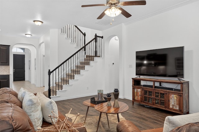 14800 Star Creek Dr, Aledo, TX 76008 - living area featuring arched walkways, wood finished floors, stairs, and ceiling fan