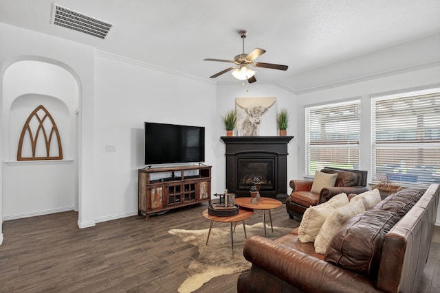 14800 Star Creek Dr, Aledo, TX 76008 - living area featuring dark wood finished floors, ceiling fan, a glass covered fireplace, and crown molding