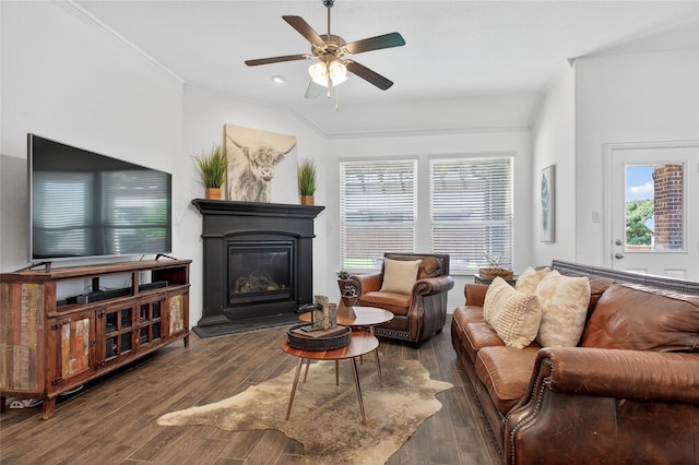 14800 Star Creek Dr, Aledo, TX 76008 - living area featuring wood finished floors, a ceiling fan, a glass covered fireplace, crown molding, and recessed lighting