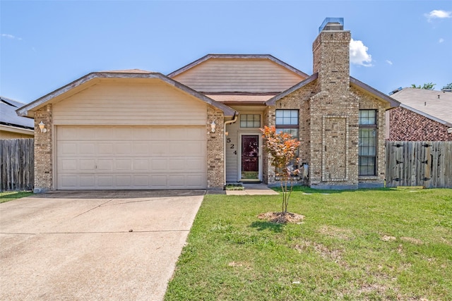 1524 Regent St, Mesquite, TX 75149 - view of front of house featuring concrete driveway, an attached garage, brick siding, and a chimney