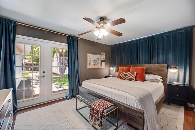 714 Silverstone Dr, Richardson, TX 75080 - bedroom featuring french doors, access to outside, wood finished floors, and a ceiling fan