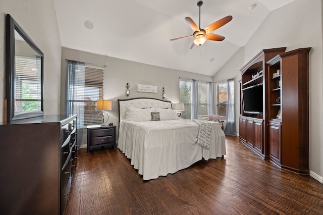 1829 Lewis Crossing Dr, Keller, TX 76248 - bedroom with vaulted ceiling, multiple windows, dark wood-style floors, and a ceiling fan