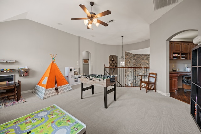 1829 Lewis Crossing Dr, Keller, TX 76248 - playroom featuring arched walkways, carpet floors, a ceiling fan, and a chandelier
