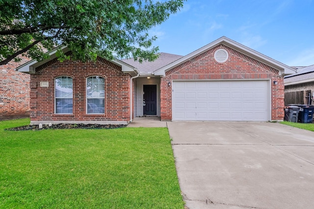 3153 Evangeline Rd, Fort Worth, TX 76140 - ranch-style home with concrete driveway, a front yard, brick siding, and a garage