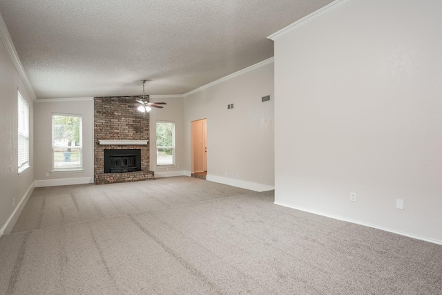 5903 Cameron Dr, Arlington, TX 76017 - unfurnished living room with crown molding, a textured ceiling, vaulted ceiling, a ceiling fan, and carpet