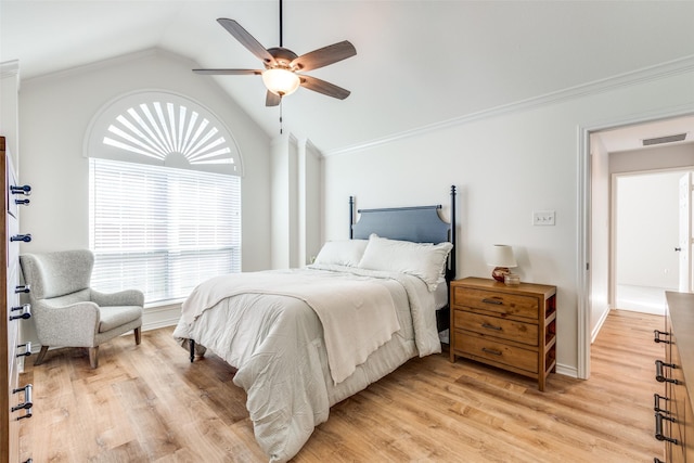 8600 Digby Dr, Plano, TX 75025 - bedroom featuring lofted ceiling, light wood-style floors, ceiling fan, and crown molding