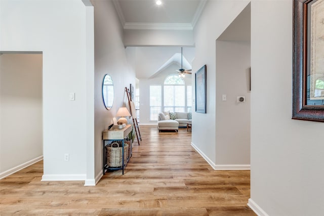 8600 Digby Dr, Plano, TX 75025 - hall featuring crown molding, wood finished floors, and lofted ceiling