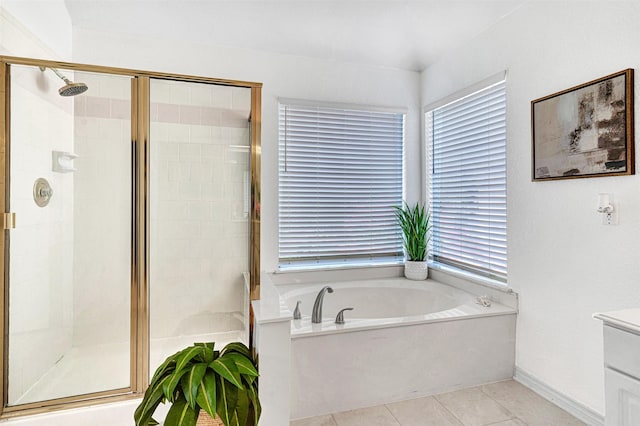 2904 Champlin Ct, Richardson, TX 75082 - bathroom with a bath, a stall shower, vanity, and tile patterned floors