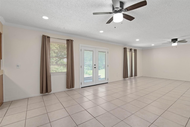 1509 Jefferson St, Bowie, TX 76230 - unfurnished room with french doors, ornamental molding, a textured ceiling, a ceiling fan, and recessed lighting