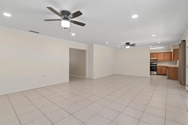 1509 Jefferson St, Bowie, TX 76230 - unfurnished living room with ceiling fan, ornamental molding, recessed lighting, and a textured ceiling