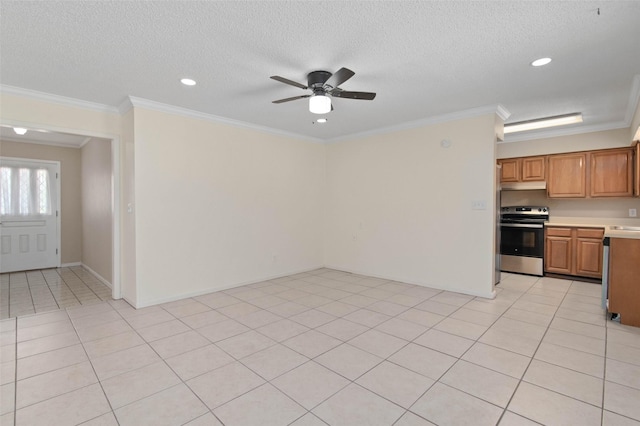 1509 Jefferson St, Bowie, TX 76230 - unfurnished living room with ornamental molding, a ceiling fan, recessed lighting, and a textured ceiling