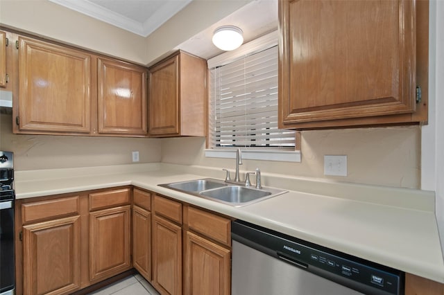 1509 Jefferson St, Bowie, TX 76230 - kitchen with stainless steel dishwasher, ornamental molding, light countertops, brown cabinets, and extractor fan