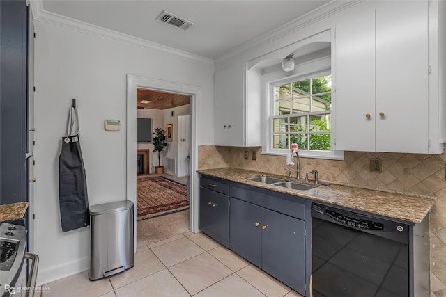 3933 Baltimore Ave, Shreveport, LA 71106 - kitchen featuring black dishwasher, crown molding, tasteful backsplash, light tile patterned flooring, and white cabinetry