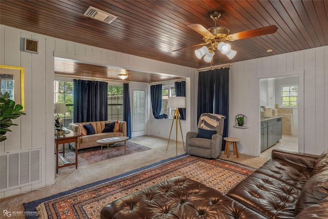 3933 Baltimore Ave, Shreveport, LA 71106 - living area featuring wooden ceiling, a ceiling fan, and wooden walls