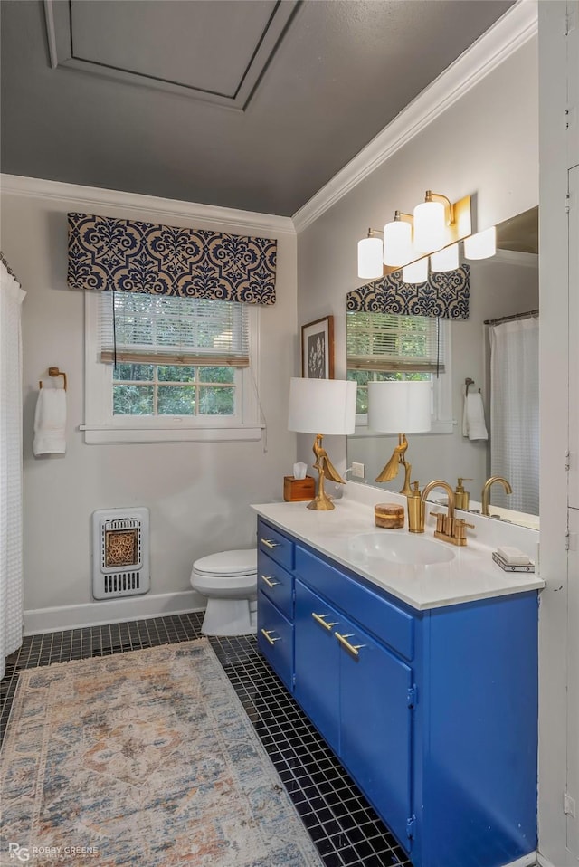 3933 Baltimore Ave, Shreveport, LA 71106 - full bath featuring crown molding, vanity, heating unit, and tile patterned floors