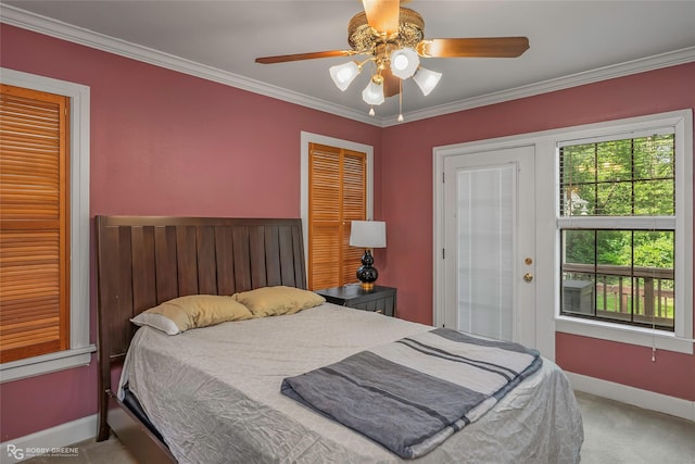 3933 Baltimore Ave, Shreveport, LA 71106 - bedroom featuring carpet flooring, ornamental molding, and ceiling fan