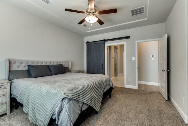 11825 Wulstone Rd, Fort Worth, TX 76052 - bedroom featuring light carpet, a barn door, and ceiling fan