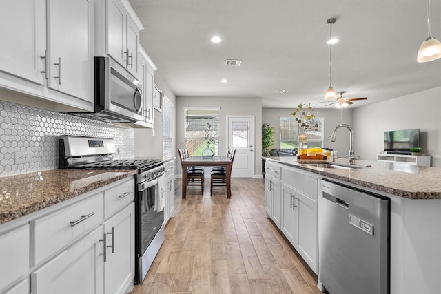 171 Tanager Dr, Rhome, TX 76078 - kitchen with stainless steel appliances, tasteful backsplash, a ceiling fan, light wood finished floors, and stone counters