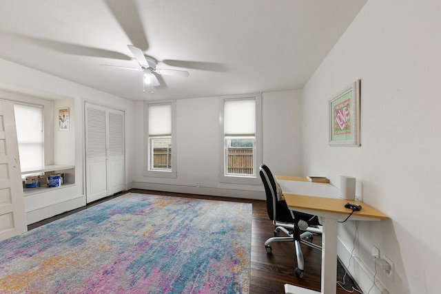 5502 Victor, Dallas, TX 75214 - home office featuring plenty of natural light, dark wood finished floors, and a ceiling fan