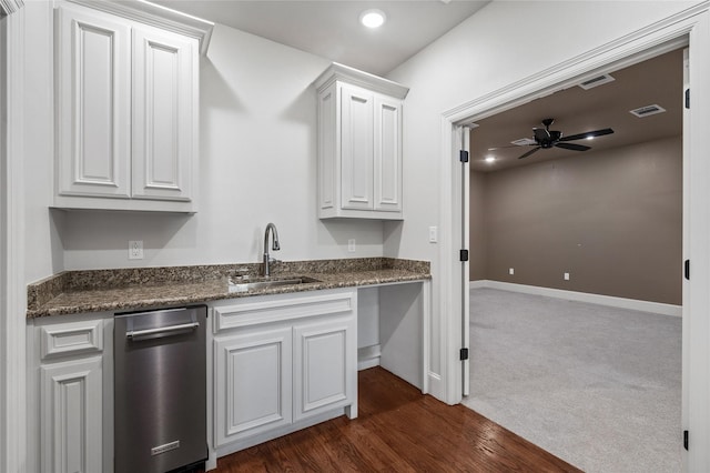 2604 Silverado Trl, Sherman, TX 75092 - kitchen featuring ceiling fan, white cabinets, recessed lighting, dark carpet, and dark wood-type flooring
