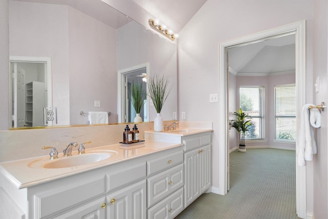 101 Indian Paint Dr, Justin, TX 76247 - full bathroom with double vanity, ornamental molding, and vaulted ceiling