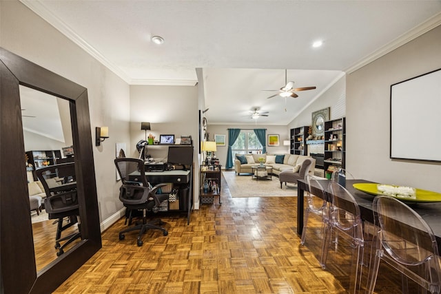 11330 Park Central Pl Unit C, Dallas, TX 75230 - office area with ceiling fan, ornamental molding, and vaulted ceiling