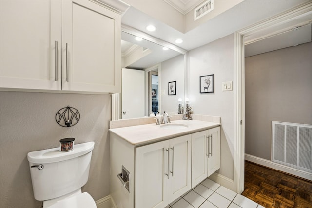 11330 Park Central Pl Unit C, Dallas, TX 75230 - half bathroom featuring vanity, ornamental molding, and recessed lighting