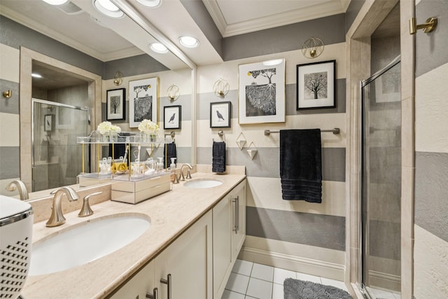 11330 Park Central Pl Unit C, Dallas, TX 75230 - full bathroom featuring crown molding, double vanity, a stall shower, tile patterned floors, and recessed lighting