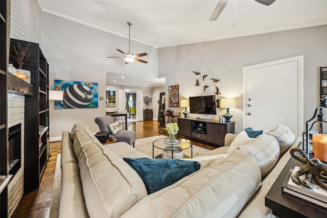 11330 Park Central Pl Unit C, Dallas, TX 75230 - living room with ceiling fan, wood finished floors, a fireplace, and ornamental molding