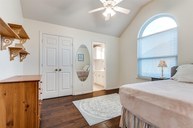 6328 Birchmont Dr, Plano, TX 75093 - bedroom featuring dark wood-type flooring, lofted ceiling, a closet, ensuite bathroom, and a ceiling fan