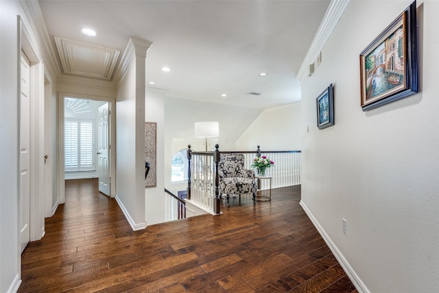 6328 Birchmont Dr, Plano, TX 75093 - hallway featuring attic access, ornamental molding, an upstairs landing, wood finished floors, and recessed lighting