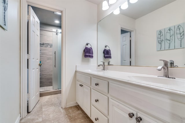 6328 Birchmont Dr, Plano, TX 75093 - bathroom featuring a stall shower, double vanity, and tile patterned floors