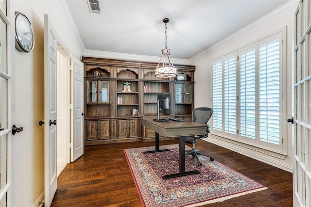6328 Birchmont Dr, Plano, TX 75093 - office area with dark wood-type flooring and crown molding