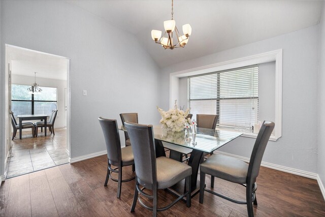 5603 Farris Dr, Arlington, TX 76017 - dining room with a chandelier, wood finished floors, and vaulted ceiling