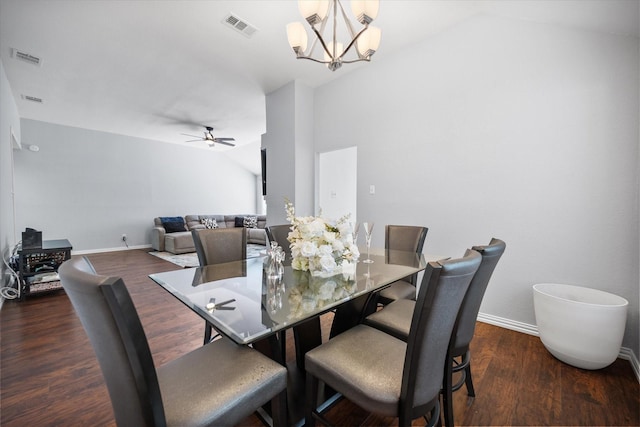 5603 Farris Dr, Arlington, TX 76017 - dining area featuring vaulted ceiling, a chandelier, dark wood-type flooring, and ceiling fan
