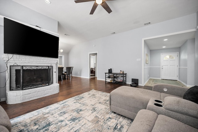 5603 Farris Dr, Arlington, TX 76017 - living area with a ceiling fan, a brick fireplace, wood finished floors, lofted ceiling, and recessed lighting