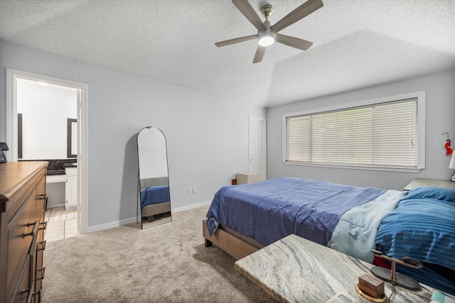 5603 Farris Dr, Arlington, TX 76017 - bedroom featuring a textured ceiling, light colored carpet, ensuite bathroom, and ceiling fan